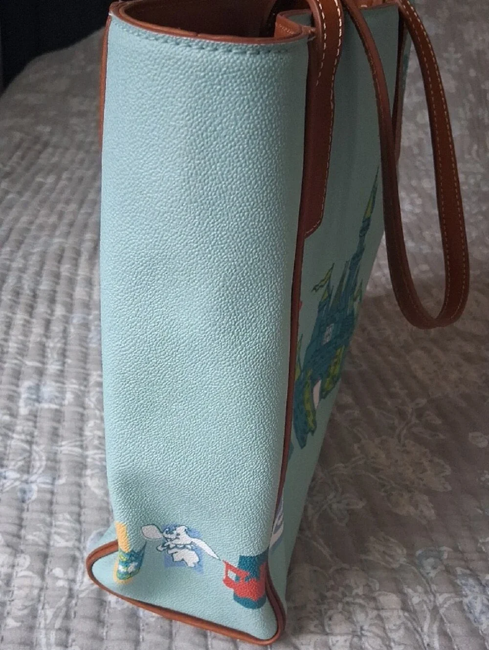 Disney Parks Dooney & Bourke Mint Castle Print Tote with Brown Leather Trim
